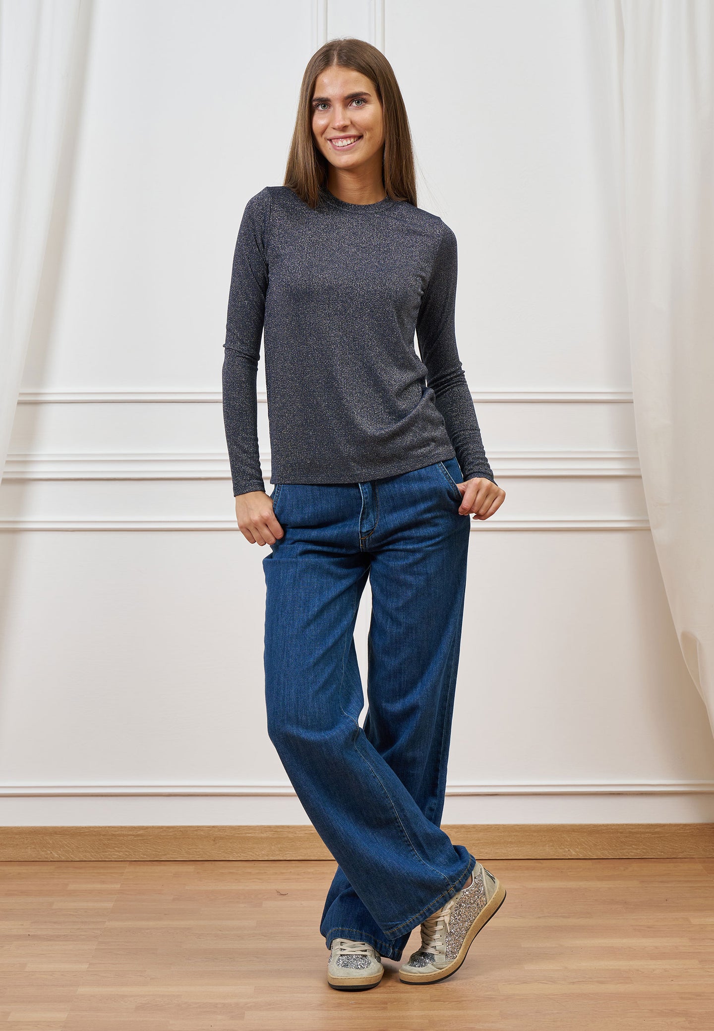 T-shirt in lurex a maniche lunghe