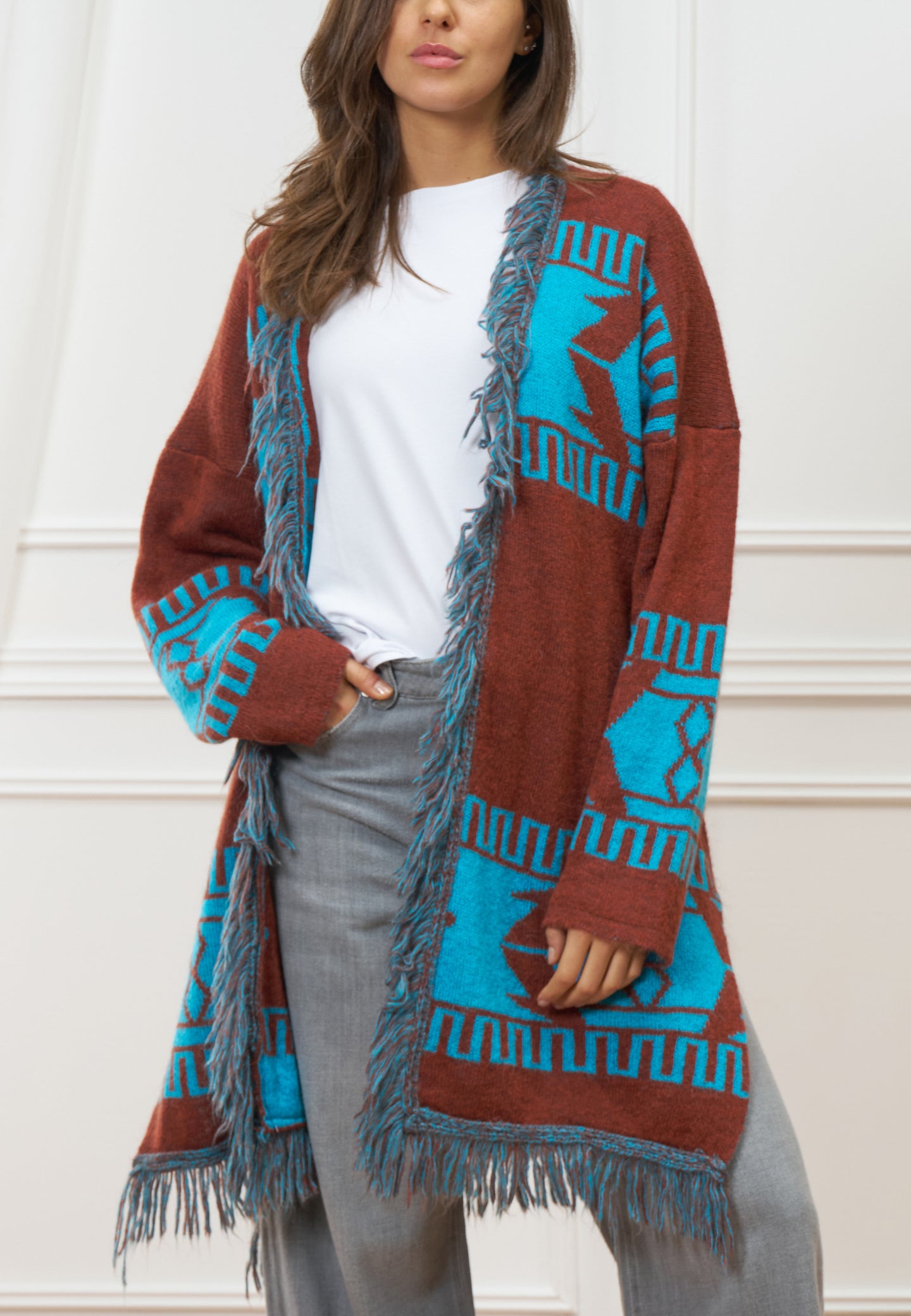 Cappotto jacquard con cintura