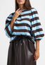 T-shirt a righe con manica a sbuffo - CELESTE
